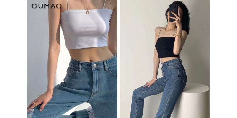 Phối áo 2 dây với quần jeans